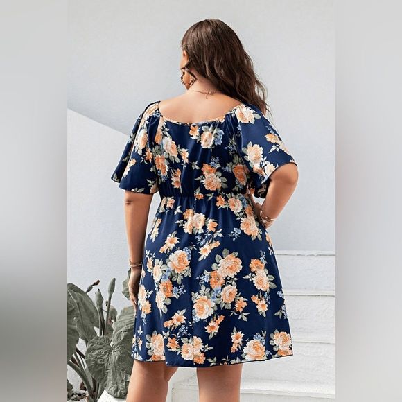 Blue Plus Size Floral Print V-Neck Flutter Sleeve A-Line Mini Dress - Picture 3 of 3